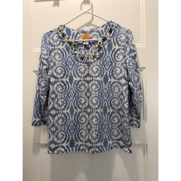 Tie-Dye Tops - Ruby Rd Petite PL Embellished Neck Top Blue Tie Dye 3/4 Sleeve Stretch Knit Boho